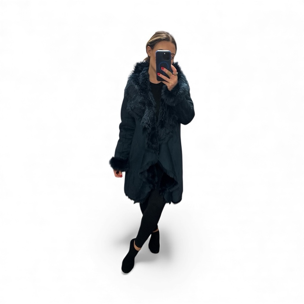Donna Salyers Fabulous Furs Navy Cascading Faux Fur Coat Jacket XS Luxe Winter - Picture 15 of 16